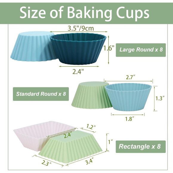 24Pack Silicone Muffin Cups, Reusable Cupcake Liners Molds for Baking, 3 Shapes - Picture 3 of 6
